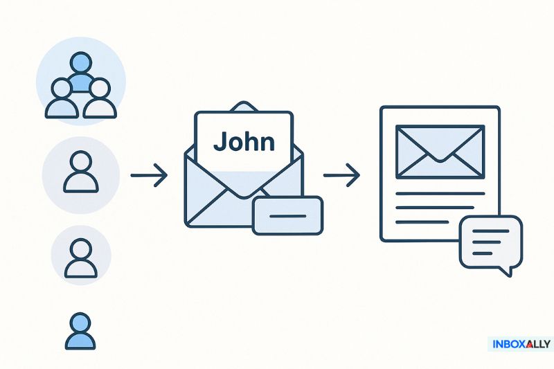Diagram illustrating an email marketing campaign, where targeted messages to individuals lead to a personalized email for "John," resulting in an opened email and reply. InboxAlly logo appears in the corner.
