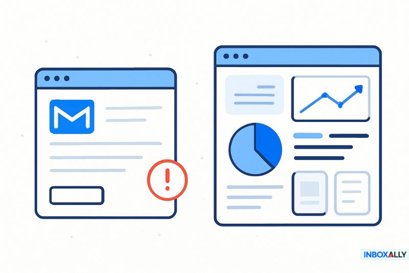 Two illustrated web pages: one with an email blast icon and warning symbol, the other displaying charts and graphs for email marketing. InboxAlly logo in the bottom right corner.