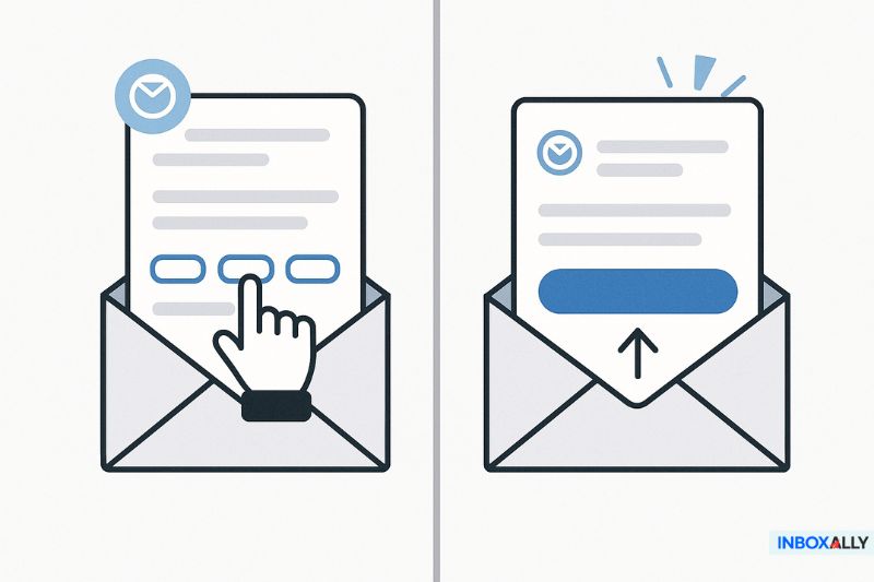 Two illustrated envelopes: the left shows a hand clicking on buttons on a letter—perfect for email marketing; the right displays a letter with a large highlighted button inside an envelope, ideal for capturing attention in an email blast.