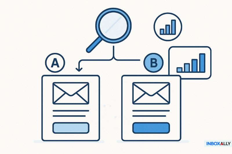 Illustration of two email templates labeled A and B, compared with a magnifying glass and bar chart icons, representing A/B testing for email marketing performance.