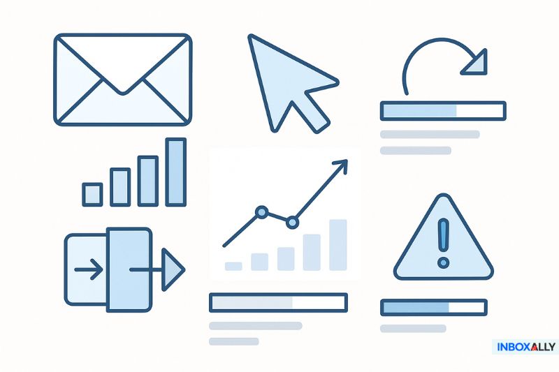 A set of blue and gray email and data-related icons, perfect for illustrating email marketing concepts, including an envelope, cursor, bar chart, line graph, warning sign, and progress bars.