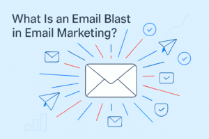 Large envelope icon surrounded by lines and smaller envelope and checkmark icons, with the text "What Is an Email Blast in Email Marketing?" on a light blue background, illustrating the concept of email marketing.