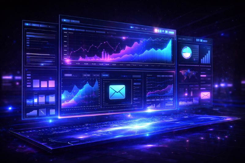 A futuristic computer interface showcases digital charts, graphs, and email marketing statistics dashboards, all illuminated with blue and purple neon lights.