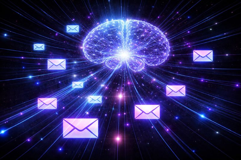 A digital illustration of a glowing brain surrounded by floating email icons on a dark, starry background with light rays emanating from the brain, symbolizing insights drawn from Email Marketing Statistics.