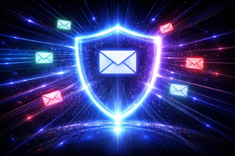 A glowing shield with an envelope icon at its center is surrounded by floating email icons, symbolizing the protection of sensitive data in email marketing statistics.
