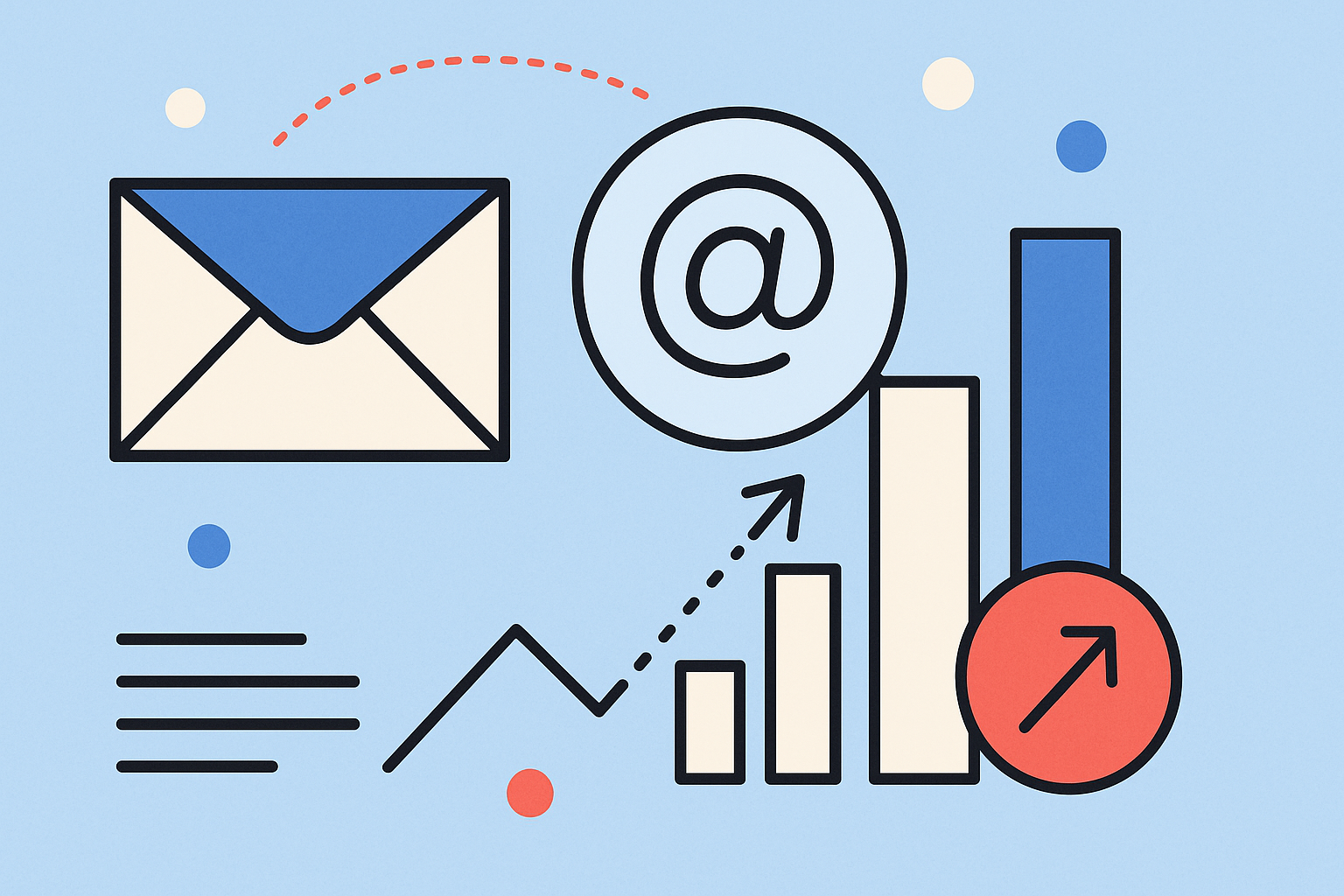 Illustration of an envelope, an at symbol, bar and line graphs, arrows, and dots, representing Email Marketing Statistics and data analytics on a light blue background.
