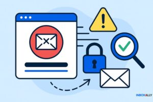 Illustration of email security featuring icons like a blacklisted email, warning sign, lock, magnifying glass with check mark, and envelope—symbolizing protection against threats and risk alerts.
