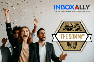 Three people celebrate as InboxAlly wins the 2025 Sammy Award for Sales and Marketing; gold confetti falls around them.