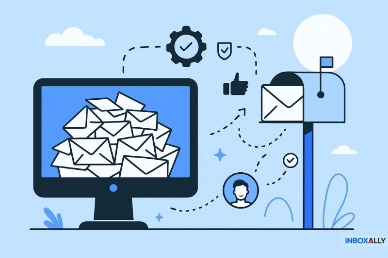Illustration of a computer monitor filled with envelopes, a mailbox with incoming mail, and icons representing email delivery, verification, and approval—highlighting the impact of the Apollo Email Warmup Shutdown on email outreach.