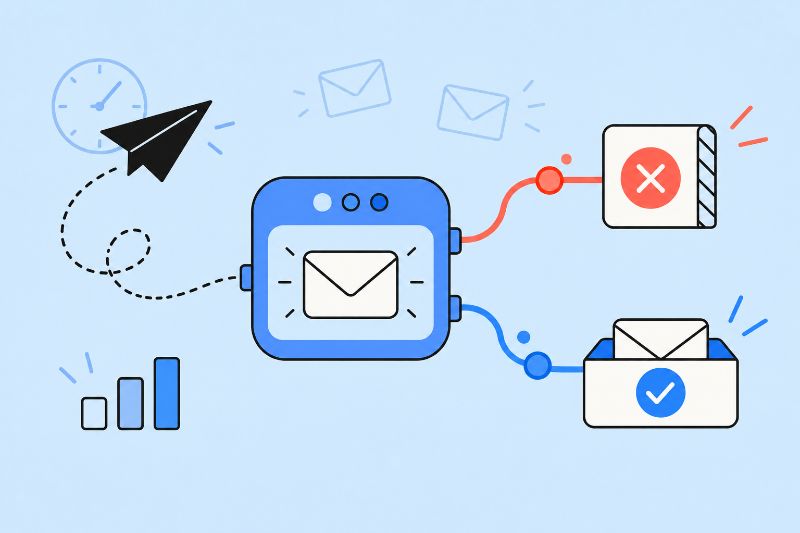 Email warmup system routing messages toward successful inbox placement while avoiding failed deliveries