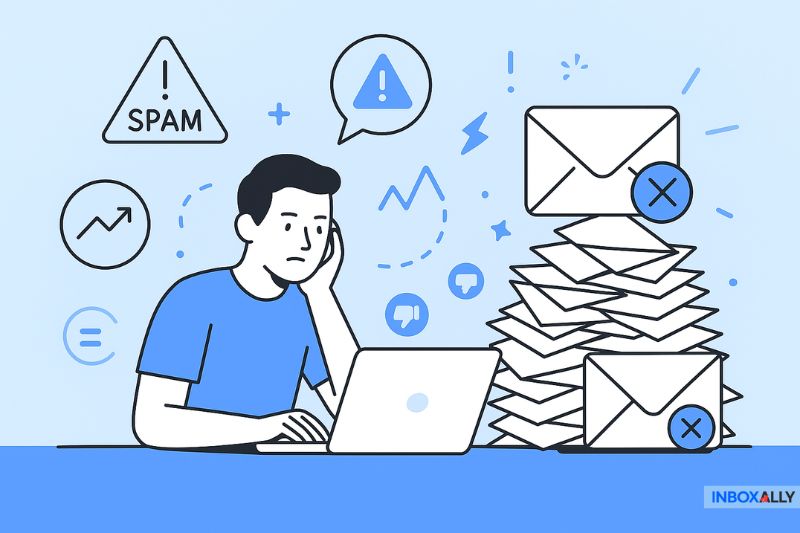 Illustration of a person at a laptop looking overwhelmed by a large stack of emails, with spam and alert icons in the background—highlighting challenges after the Apollo Email Warmup Shutdown during email outreach.