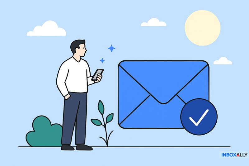 Illustration of a man holding a phone, standing next to a large blue envelope with a checkmark—perfect for showcasing outreach or Apollo Email Warmup—with plants, clouds, and the sun in the background.