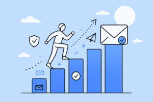 Illustration of a person climbing upward on bar graph steps with envelopes and checkmarks, symbolizing email marketing growth and improved email deliverability, with clouds, sun, and arrows in the background.