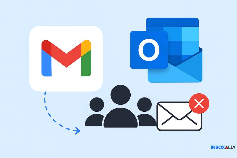 Gmail and Outlook logos with icons of people, an email, and a red cancel symbol, highlighting an email delivery or block issue—ideal for illustrating topics like GMass alternatives or GMass email warm-up challenges.