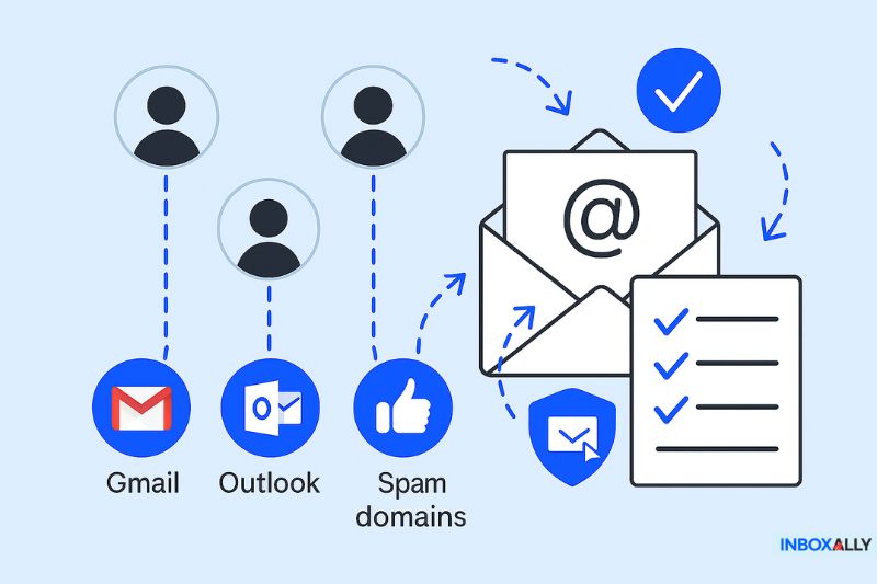 Illustration showing email delivery from Gmail, Outlook, and spam domains to recipients, with icons for security and a checklist—highlighting email management and GMass email warm-up as one of the leading GMass alternatives.