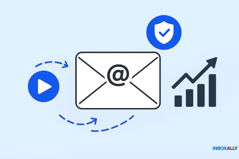An illustration of an envelope with an at symbol, a play button, a shield, and a rising bar graph, representing email communication, growth, and effective GMass Email Warm-Up strategies.