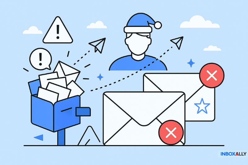 Illustration of a person in a Santa hat, mailboxes with unread emails, warning icons, and two large rejected email envelopes—highlighting Black Friday Email Deliverability challenges.