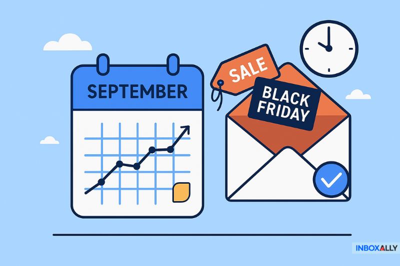 Illustration of a calendar marked September with a rising graph, an envelope tagged "SALE" and "BLACK FRIDAY," and a clock in the background, highlighting the importance of Black Friday email deliverability.