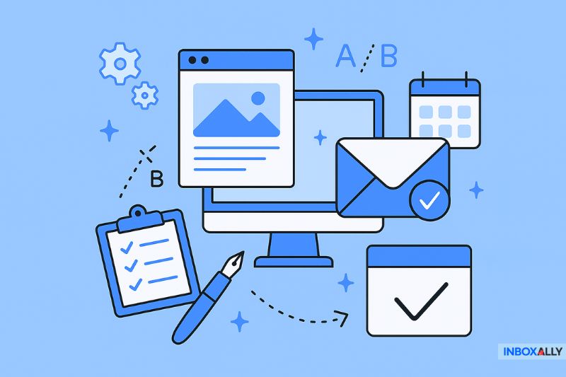 Illustration of a computer monitor surrounded by icons for email, checklist, calendar, pen, gears, and web page elements on a blue background—perfect for highlighting Black Friday Email Deliverability strategies.