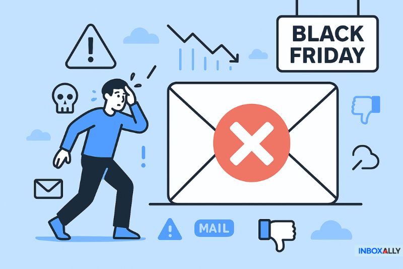 Illustration of a worried person next to a large email with an X, surrounded by warning icons and a "Black Friday" sign, highlighting Black Friday Email Deliverability issues or failures during this busy shopping season.