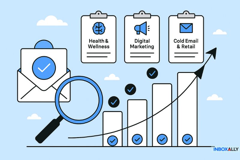 Bar graph with upward trend, magnifying glass, envelope icon, and three labeled clipboards: Health & Wellness, Digital Marketing, and Cold Email & Retail—highlighting Black Friday email deliverability insights.
