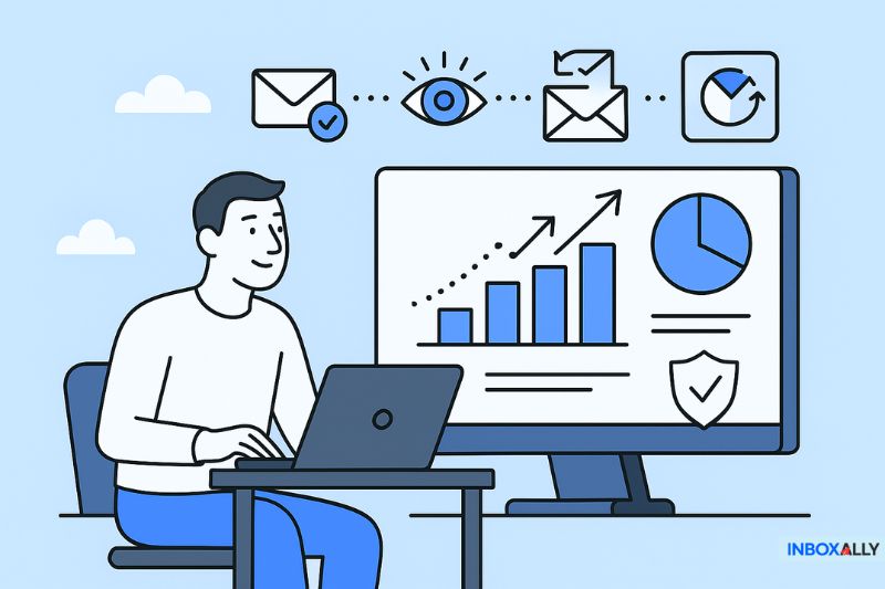 Illustration of a person using a laptop, with a large screen displaying graphs and charts, plus icons for email, analytics, security, and Black Friday Email Deliverability.