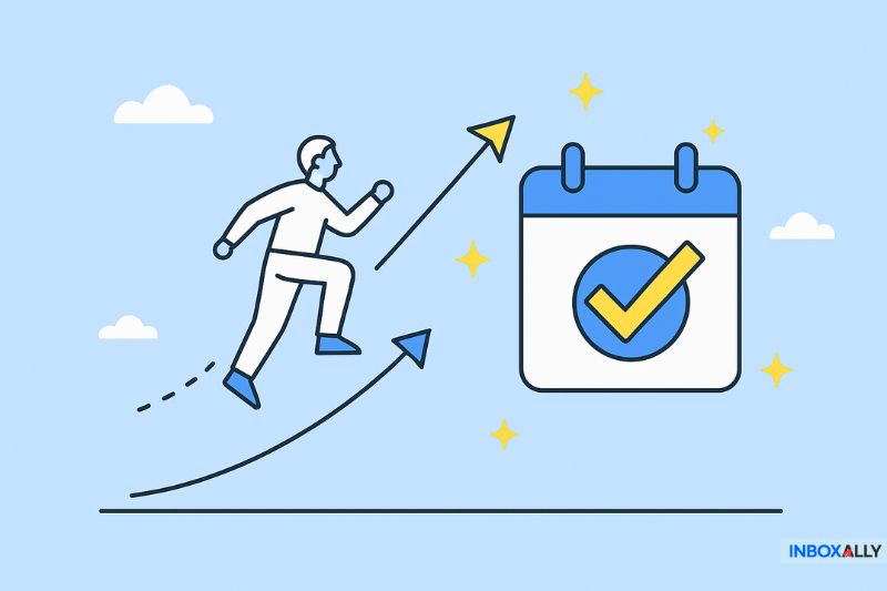 Illustration of a person running up an arrow toward a calendar with a checkmark, symbolizing goal achievement and strong Black Friday email deliverability.