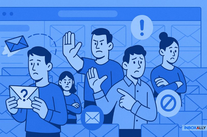 Ilustração em desenho animado de quatro pessoas reagindo negativamente a e-mails, mostrando confusão, preocupação e gestos de bloqueio entre vários ícones de e-mail - destacando os desafios com a capacidade de entrega de e-mails e a necessidade de aquecimento adequado do e-mail.