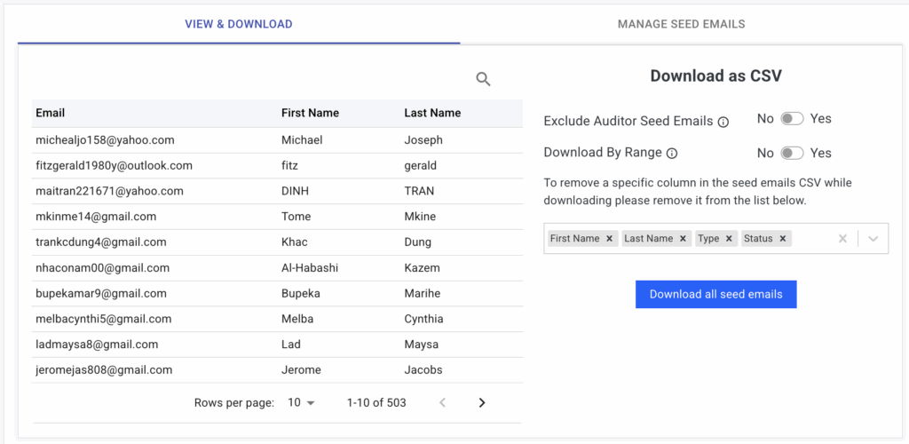 A table of email addresses and names is displayed with options to download the data as a CSV file, filter by various fields, and access tips on improving email deliverability with our comprehensive Email Guide.