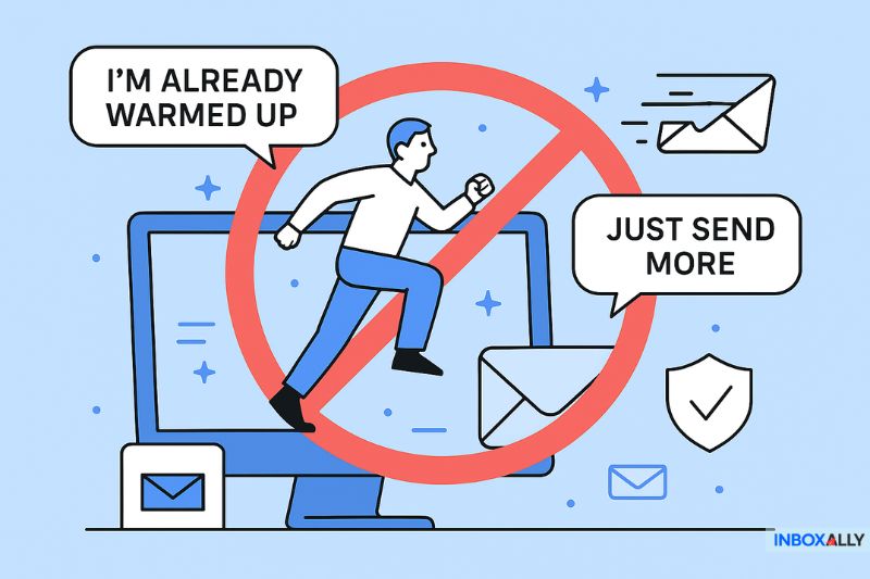 Ilustração de uma pessoa saindo correndo de uma tela de computador com um símbolo de proibição, cercada por ícones de e-mail e balões de fala dizendo