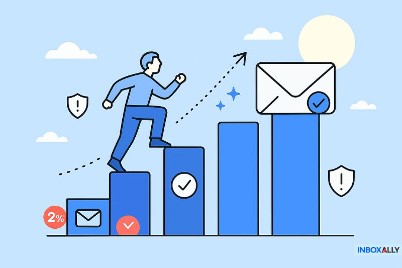 Ilustração de uma pessoa subindo degraus de um gráfico de barras com envelopes, marcas de verificação e ícones de segurança, simbolizando o progresso do e-mail, o aquecimento do SMTP e a melhoria da reputação do remetente durante os primeiros 30 dias.