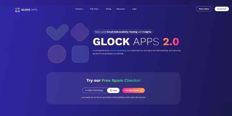 Captura de tela da página inicial do site GLOCK APPS 2.0, destacando suas ferramentas de melhor capacidade de entrega de e-mail e uma caixa de entrada de verificador de spam gratuito para melhorar o desempenho da caixa de entrada.
