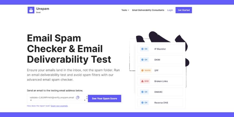 Captura de tela da página inicial do site da Unspam exibindo uma das melhores ferramentas de entregabilidade de e-mail, com um verificador de spam de e-mail com um campo para inserir um endereço de e-mail e uma lista de verificações de filtros de spam.