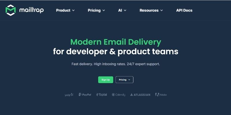 Captura de tela da página inicial do Mailtrap destacando os serviços modernos de entrega de e-mail para desenvolvedores e equipes de produtos, com opções para se inscrever ou visualizar preços - mostrando por que ele está entre as melhores ferramentas de entrega de e-mail.