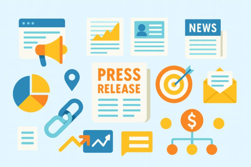 Flat illustration of press release elements including charts, graphs, megaphone, envelope, news headlines, target, flowchart, and document icons on a light blue background.
