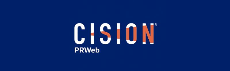 Cision PRWeb logo with white and orange text on a dark blue background, representing one of the leading US press release platforms.