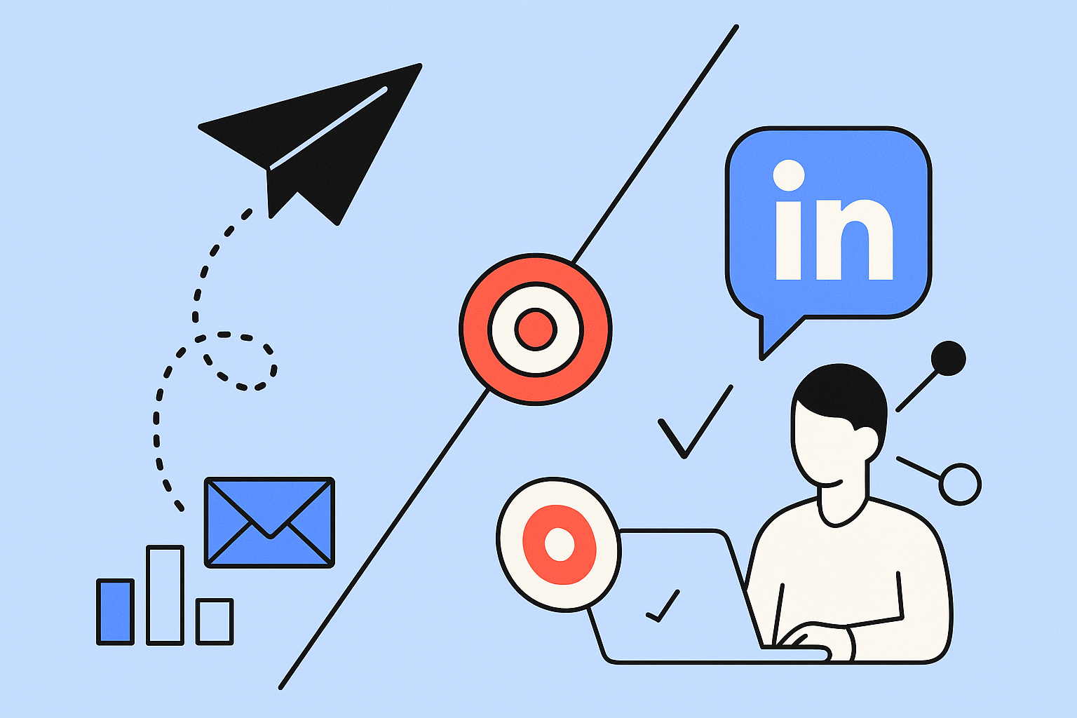 A split image illustrating Cold Email vs LinkedIn: on one side, an email icon and paper plane; on the other, a person at a laptop with a LinkedIn logo—both sides feature prominent target icons.
