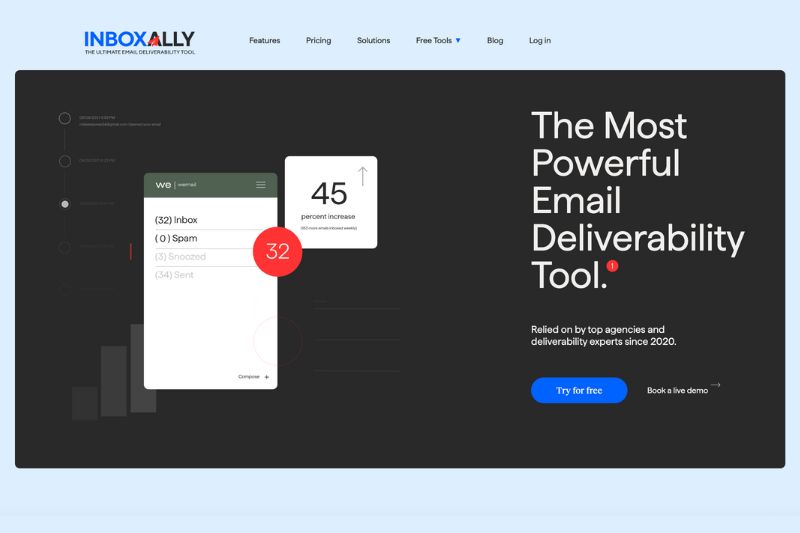 Screenshot of InboxAlly's homepage featuring a slogan about email deliverability tools, navigation links, sample inbox interface, and a prominent "Try for free" button—perfect for those seeking QuickMail Auto Warmer alternatives for cold email outreach.