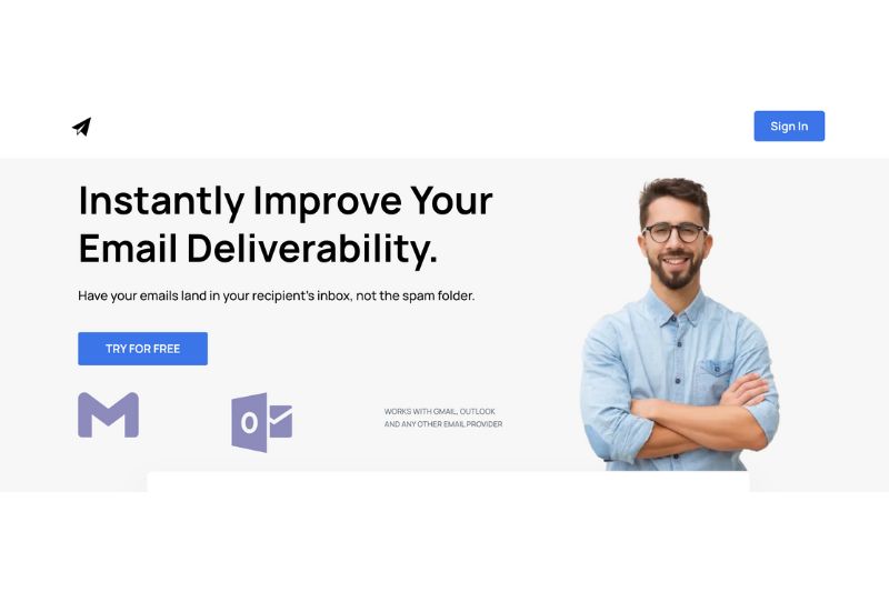 A man in glasses stands with arms crossed next to text promoting improved cold email outreach and deliverability, featuring a "Try for Free" button and email service logos below—ideal for those seeking QuickMail Auto Warmer alternatives.