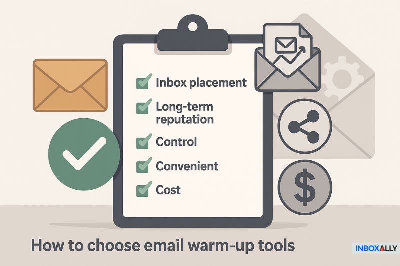 A checklist on a clipboard lists factors for choosing email warming tools: inbox placement, long-term reputation, control, convenience, and cost. Icons surround the clipboard—ideal for evaluating QuickMail Auto Warmer alternatives.