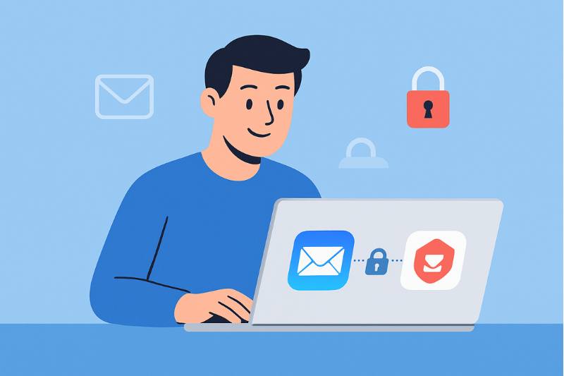 Illustration of a person using a laptop with icons of an email, a lock, and a security shield, representing secure email communication with apps like ProtonMail or Apple Mail.