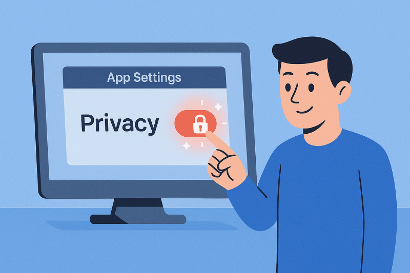 A person touches a glowing lock icon labeled "Privacy" on a computer screen displaying app settings, where options like add ProtonMail and Apple Mail are visible.