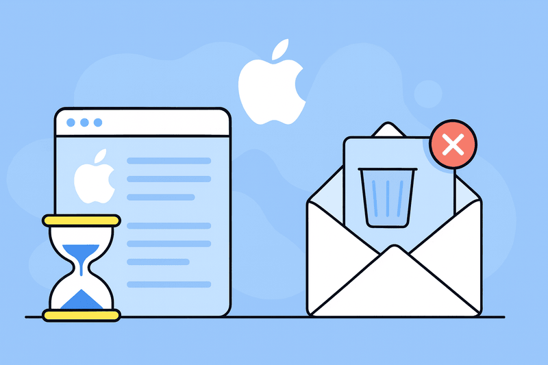 Illustration of a web page with the Apple logo, an hourglass, and an envelope with a trash can icon and a red X, symbolizing email issues in Apple Mail such as not receiving emails and email deletion.