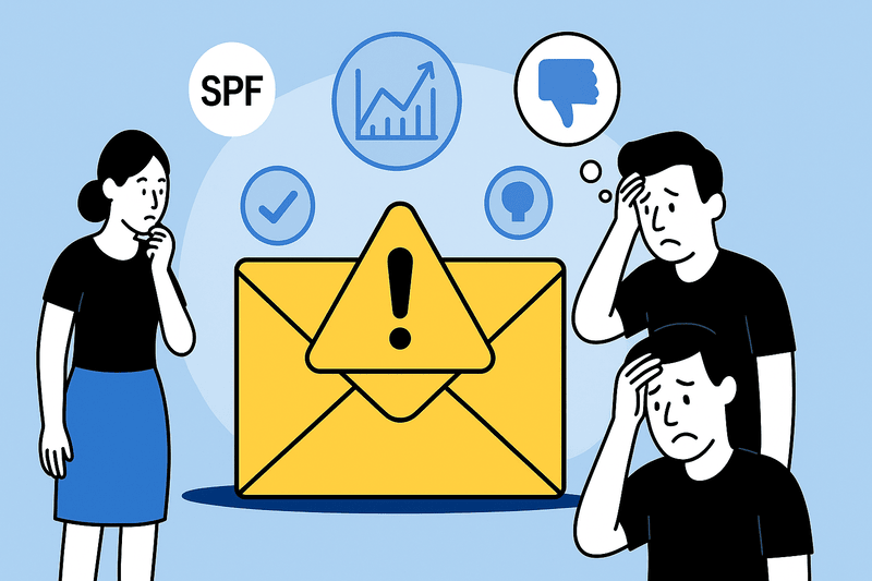 Illustration of three concerned people standing near a large yellow envelope with an exclamation mark, surrounded by icons representing email security, email issues, and negative feedback.