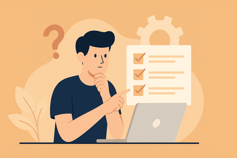 Illustration of a person sitting at a laptop, pointing at a checklist with checkmarks, highlighting Apple Mail email issues, with a question mark and gear symbol in the background.