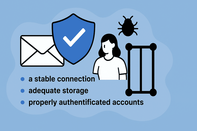 A graphic showing icons for email, security, a person, and a bug with a checklist: stable connection, adequate storage, properly authenticated accounts—helpful for troubleshooting email issues like not receiving emails in Apple Mail.