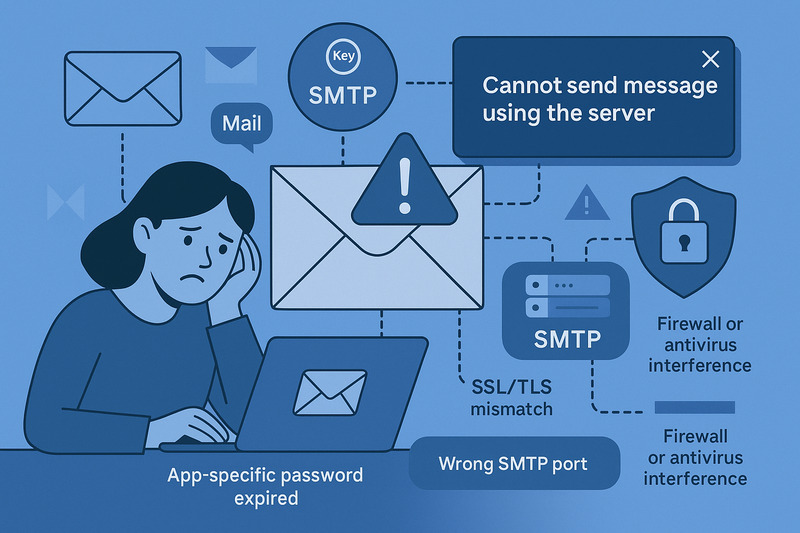 A woman sits at a desk looking frustrated while surrounded by icons and messages about SMTP email errors, app-specific password expiry, and email troubleshooting issues in Apple Mail not sending emails due to firewall or antivirus interference.