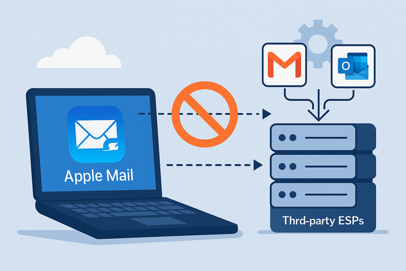 Illustration showing Apple Mail blocking data from reaching third-party email service providers like Gmail and Outlook, highlighting email problems such as not sending emails.