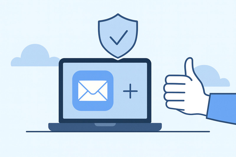 Illustration of a laptop displaying an Apple Mail icon with a plus sign, a shield with a checkmark above, and a hand giving a thumbs up—perfect for highlighting troubleshooting tips for not sending emails.