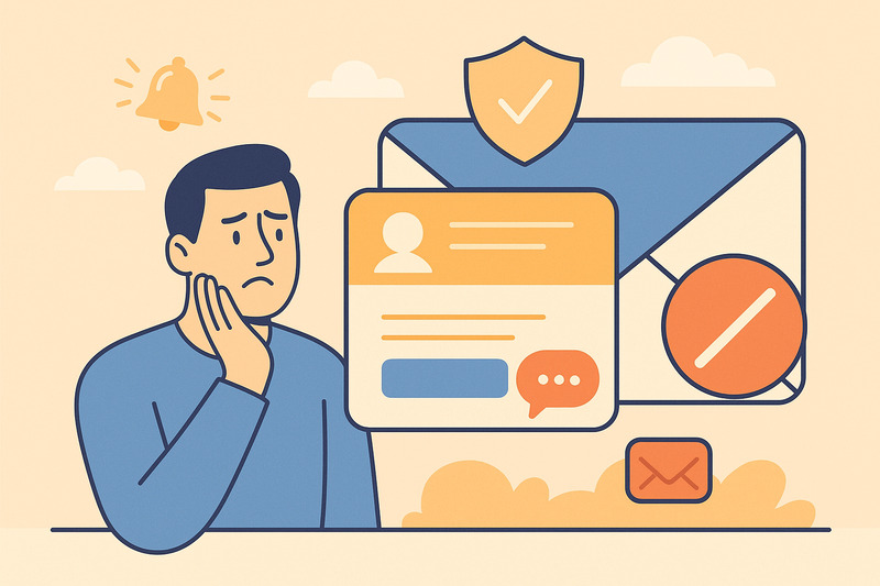 Illustration of a concerned person next to email security icons, warning symbols, and notification alerts, highlighting potential Apple Mail or data security issues related to email filtering and spam filter effectiveness.